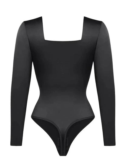 Sleek Shaping Bodysuit with Square Neck and Long Sleeves