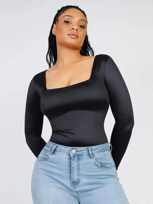 Sleek Shaping Bodysuit with Square Neck and Long Sleeves
