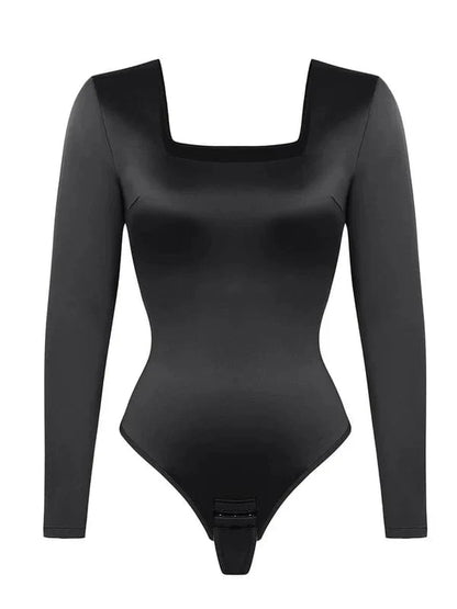 Sleek Shaping Bodysuit with Square Neck and Long Sleeves