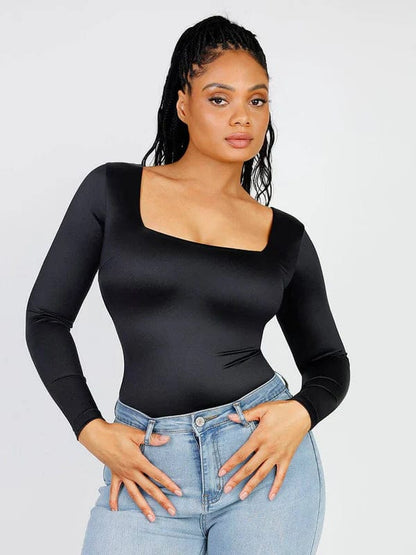 Sleek Shaping Bodysuit with Square Neck and Long Sleeves