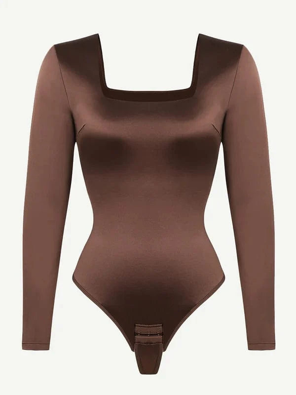 Sleek Shaping Bodysuit with Square Neck and Long Sleeves