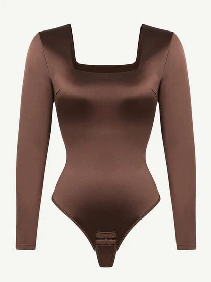 Sleek Shaping Bodysuit with Square Neck and Long Sleeves