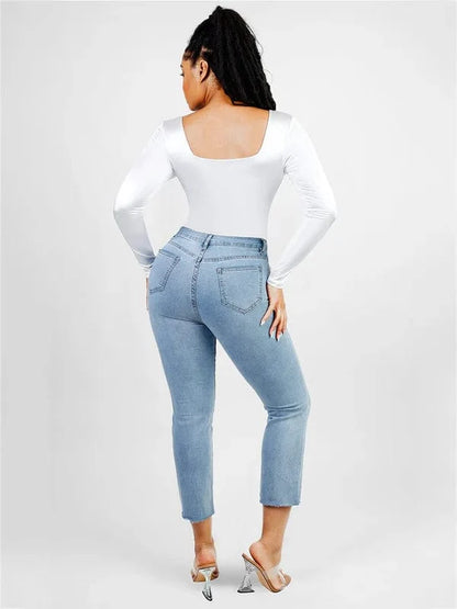 Sleek Shaping Bodysuit with Square Neck and Long Sleeves