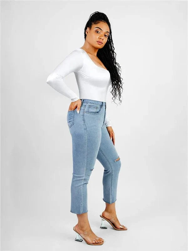 Sleek Shaping Bodysuit with Square Neck and Long Sleeves