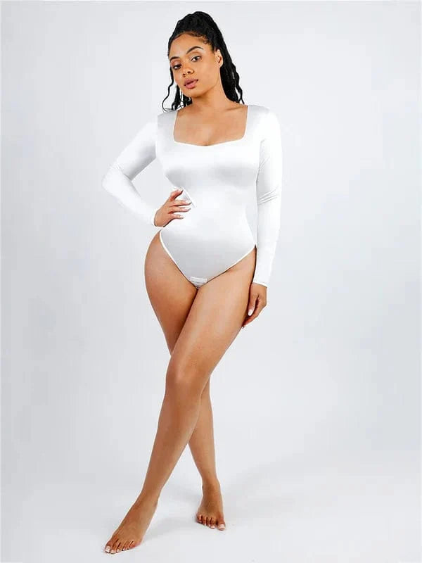 Sleek Shaping Bodysuit with Square Neck and Long Sleeves