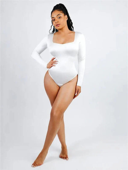 Sleek Shaping Bodysuit with Square Neck and Long Sleeves