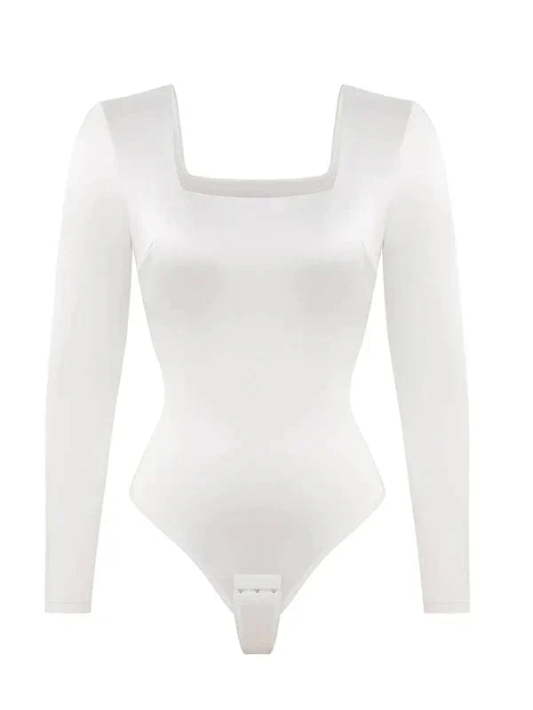 Sleek Shaping Bodysuit with Square Neck and Long Sleeves