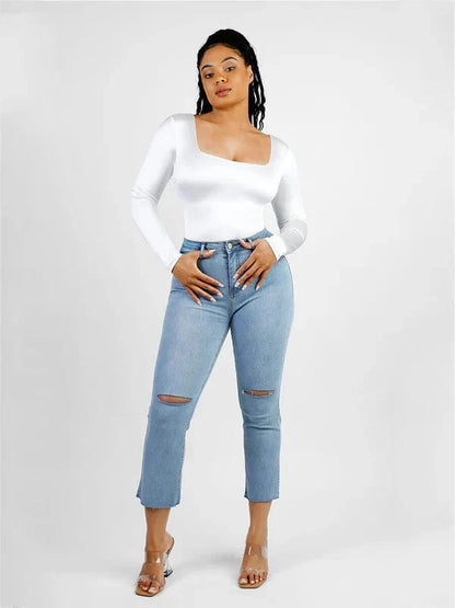 Sleek Shaping Bodysuit with Square Neck and Long Sleeves