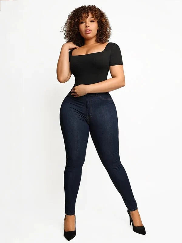 Short Sleeve Square Neck Tummy Control Shapewear Bodysuit