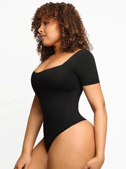 Short Sleeve Square Neck Tummy Control Shapewear Bodysuit