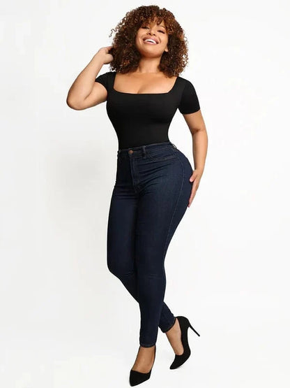 Short Sleeve Square Neck Tummy Control Shapewear Bodysuit
