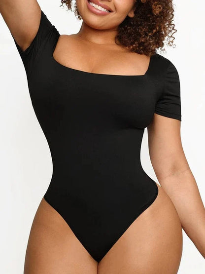 Short Sleeve Square Neck Tummy Control Shapewear Bodysuit