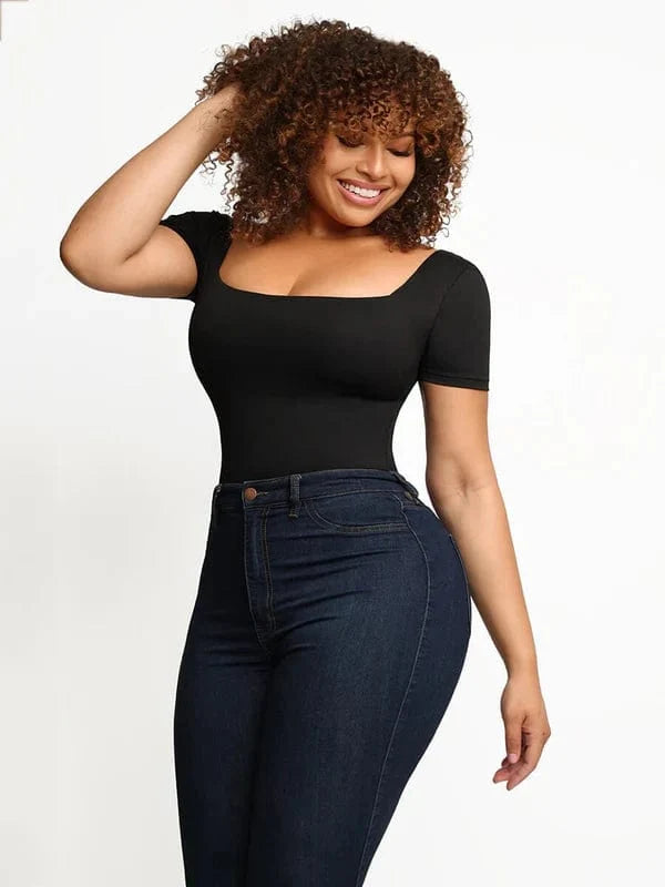 Short Sleeve Square Neck Tummy Control Shapewear Bodysuit