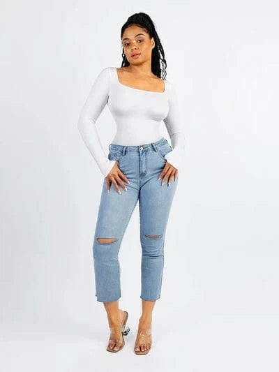 Square Neck Tummy Control Long Sleeve Shapewear Bodysuit