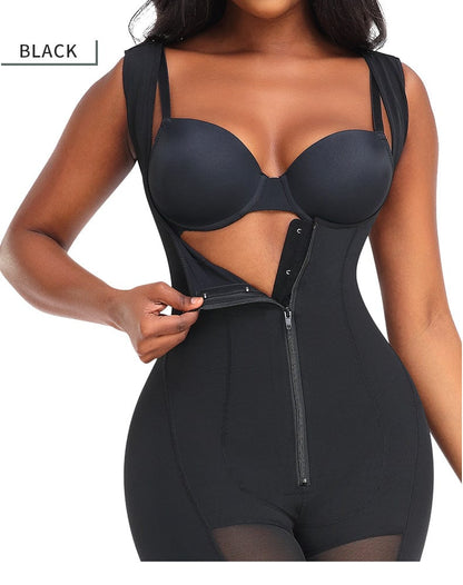 Tummy Control Mid Trouser Open Bust Shapewear Bodysuit with Front Zipper