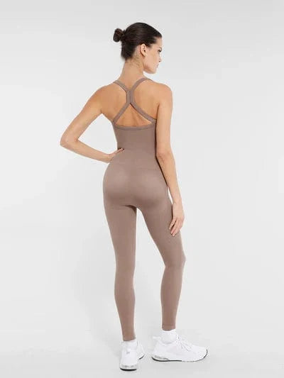 Seamless Yoga Jumpsuit with Built-in Bra Sculpting Butterfly Back Workout Bodysuit