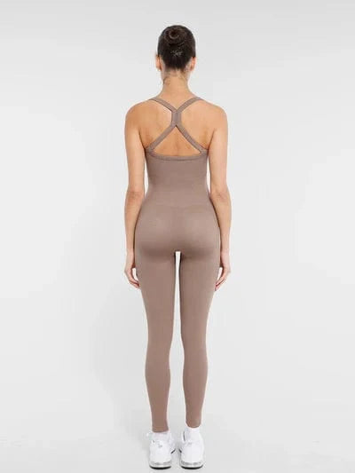 Seamless Yoga Jumpsuit with Built-in Bra Sculpting Butterfly Back Workout Bodysuit
