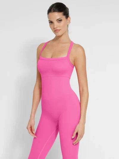 Seamless Yoga Jumpsuit with Built-in Bra Sculpting Butterfly Back Workout Bodysuit