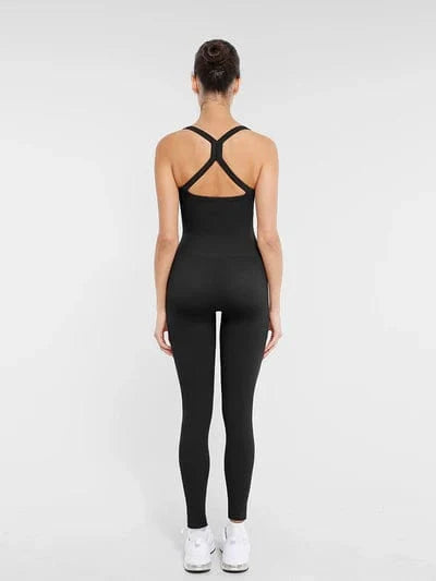 Seamless Yoga Jumpsuit with Built-in Bra Sculpting Butterfly Back Workout Bodysuit