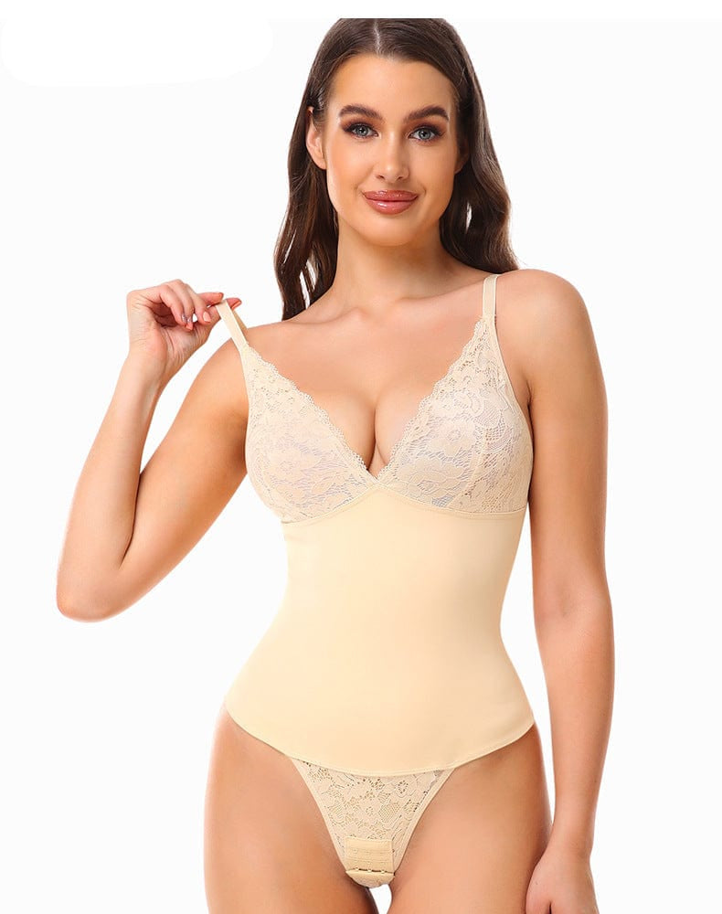 Waist Slimming Shaping Bodysuit with Built-In Bra and Lace Underwear