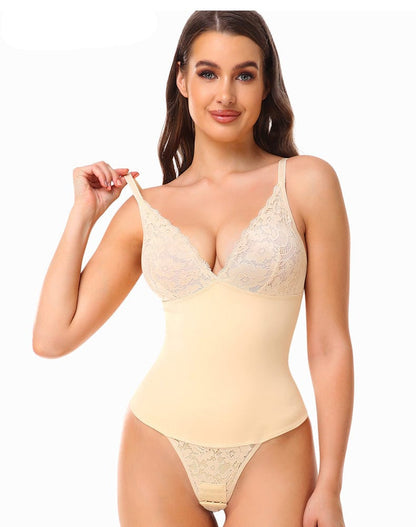Waist Slimming Shaping Bodysuit with Built-In Bra and Lace Underwear