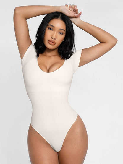 Short Sleeve Plus Size Belly Control Thong Shapewear Bodysuit
