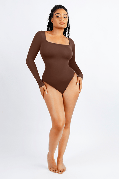 Women's Square Neck Long Sleeve Tummy Control Shapewear Bodysuit