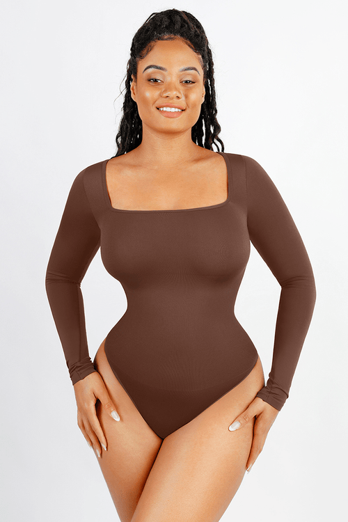 Women's Square Neck Long Sleeve Tummy Control Shapewear Bodysuit