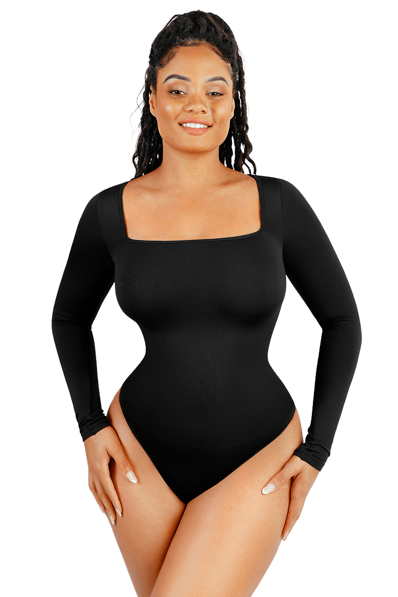 Women's Square Neck Long Sleeve Tummy Control Shapewear Bodysuit
