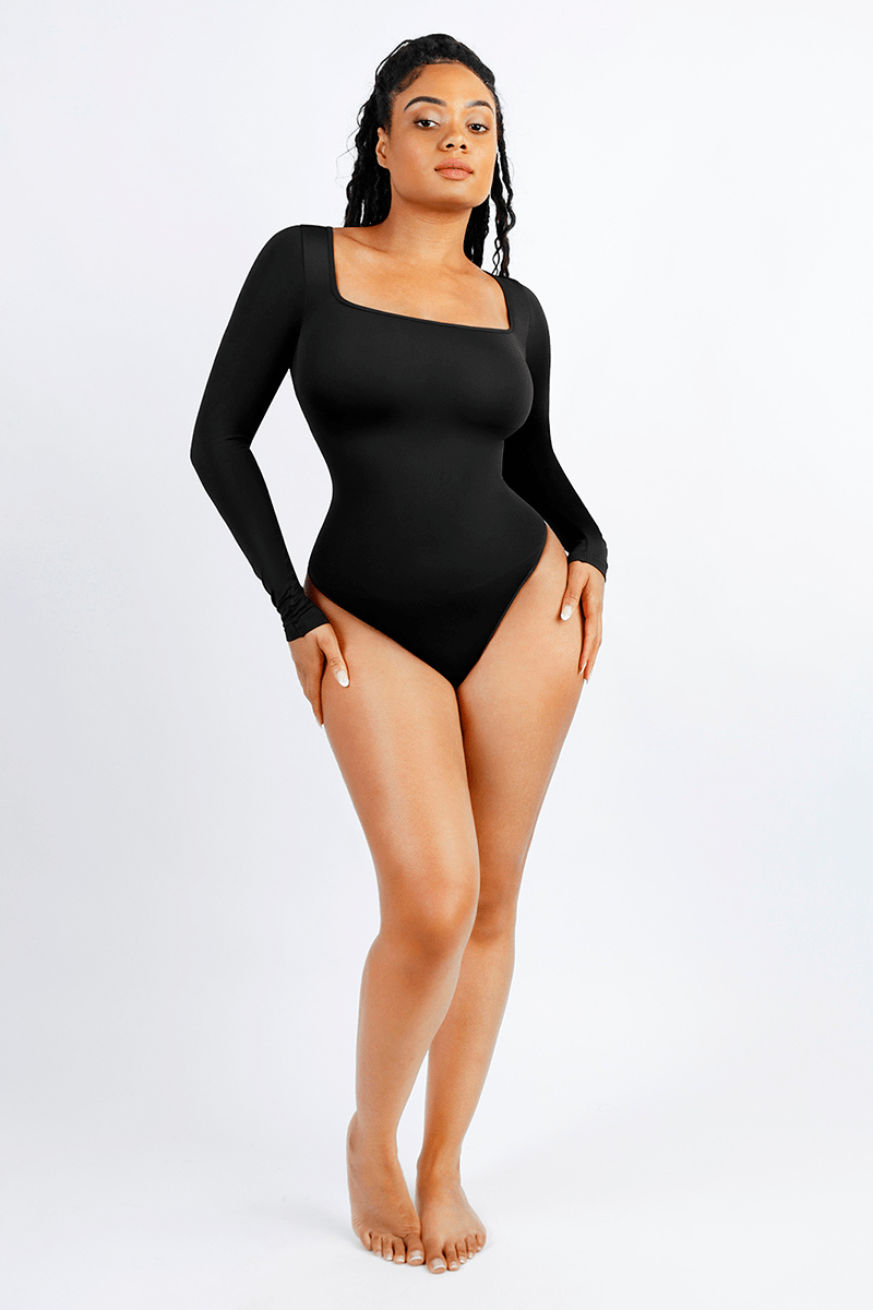 Women's Square Neck Long Sleeve Tummy Control Shapewear Bodysuit