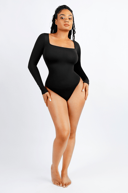 Women's Square Neck Long Sleeve Tummy Control Shapewear Bodysuit