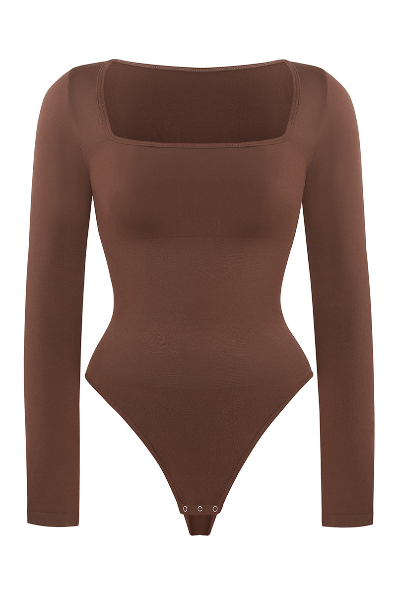 Women's Square Neck Long Sleeve Tummy Control Shapewear Bodysuit