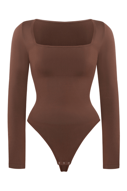 Women's Square Neck Long Sleeve Tummy Control Shapewear Bodysuit
