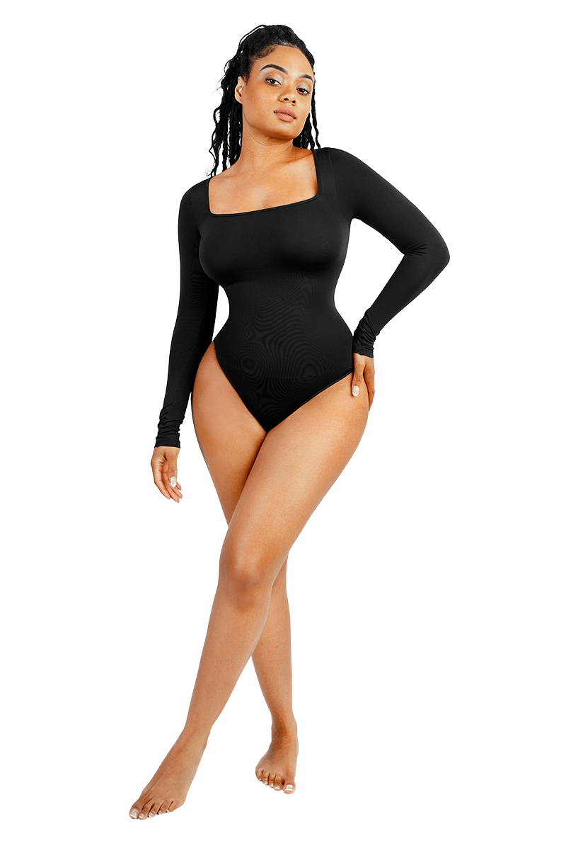 Women's Square Neck Long Sleeve Tummy Control Shapewear Bodysuit