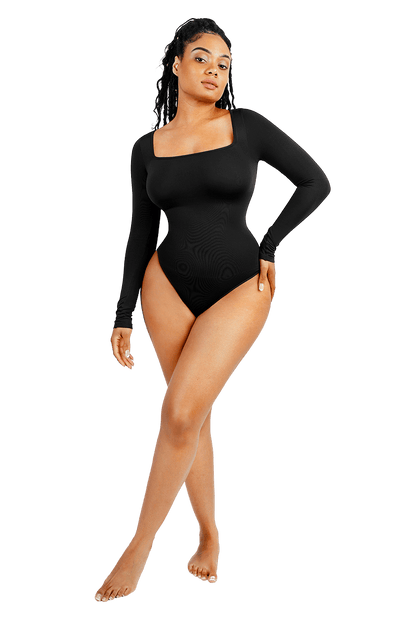 Women's Square Neck Long Sleeve Tummy Control Shapewear Bodysuit