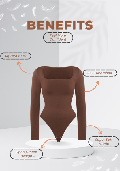 Women's Square Neck Long Sleeve Tummy Control Shapewear Bodysuit