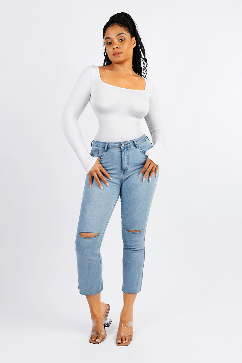 Women's Square Neck Long Sleeve Tummy Control Shapewear Bodysuit