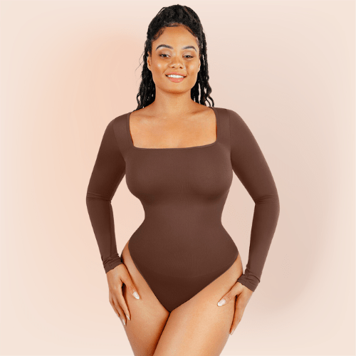Women's Square Neck Long Sleeve Tummy Control Shapewear Bodysuit