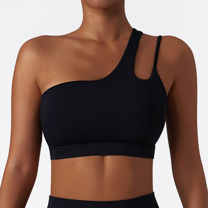 Women’s One-Shoulder Sports Bra Asymmetrical Workout Bra with Removable Pads & High Support