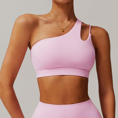 Women’s One-Shoulder Sports Bra Asymmetrical Workout Bra with Removable Pads & High Support