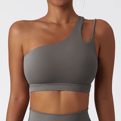 Women’s One-Shoulder Sports Bra Asymmetrical Workout Bra with Removable Pads & High Support