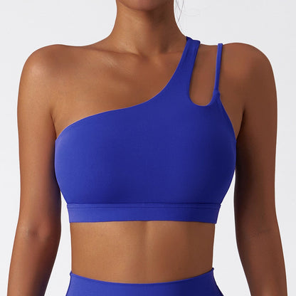 Women’s One-Shoulder Sports Bra Asymmetrical Workout Bra with Removable Pads & High Support