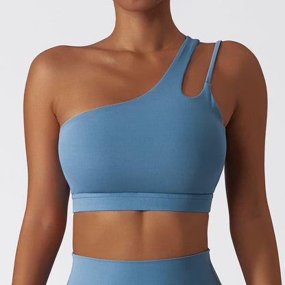 Women’s One-Shoulder Sports Bra Asymmetrical Workout Bra with Removable Pads & High Support