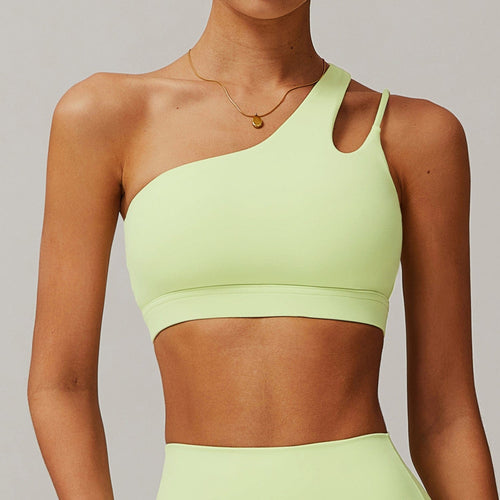 Women’s One-Shoulder Sports Bra Asymmetrical Workout Bra with Removable Pads & High Support