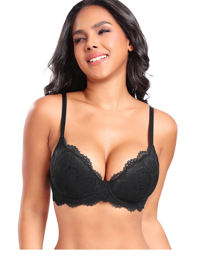 Plus Size Plunge Lace Push Up Bra with Adjustable Straps