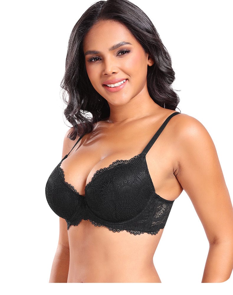 Plus Size Plunge Lace Push Up Bra with Adjustable Straps