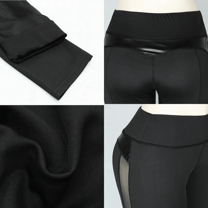 Butt Lifting High waist Fitness Gym Leggings With Mesh And PU Leather Patchwork