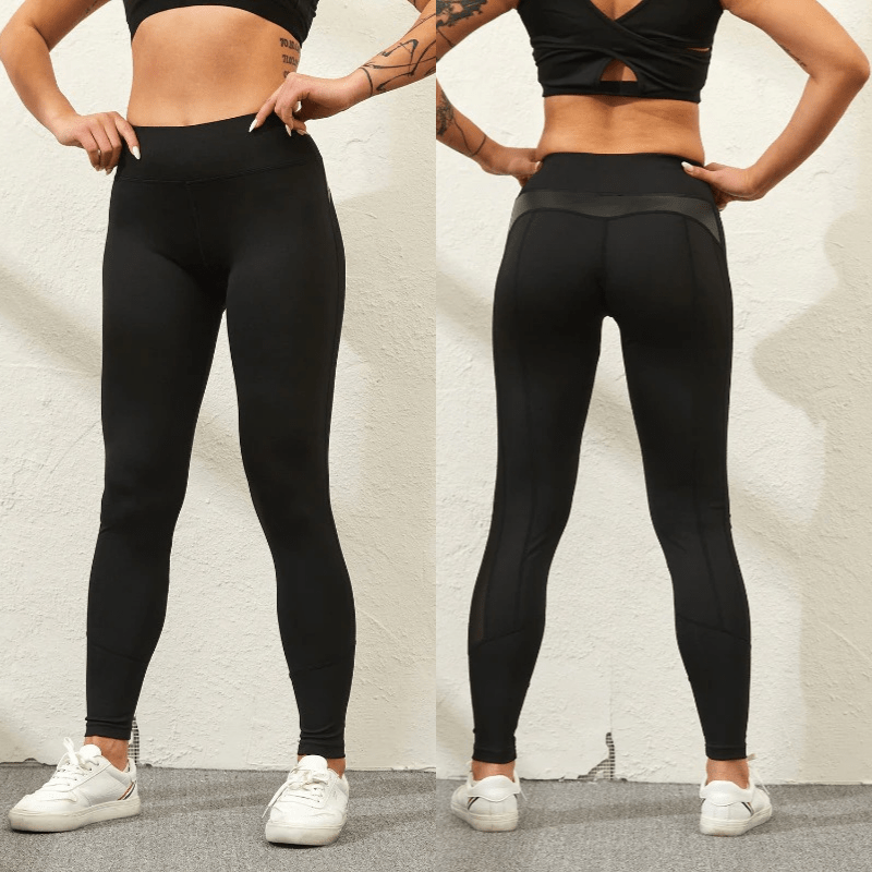 Butt Lifting High waist Fitness Gym Leggings With Mesh And PU Leather Patchwork