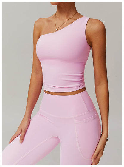 One Shoulder Workout Shaping Crop Top with Removable Chest Pads