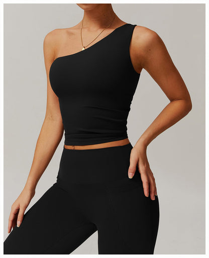 One Shoulder Workout Shaping Crop Top with Removable Chest Pads